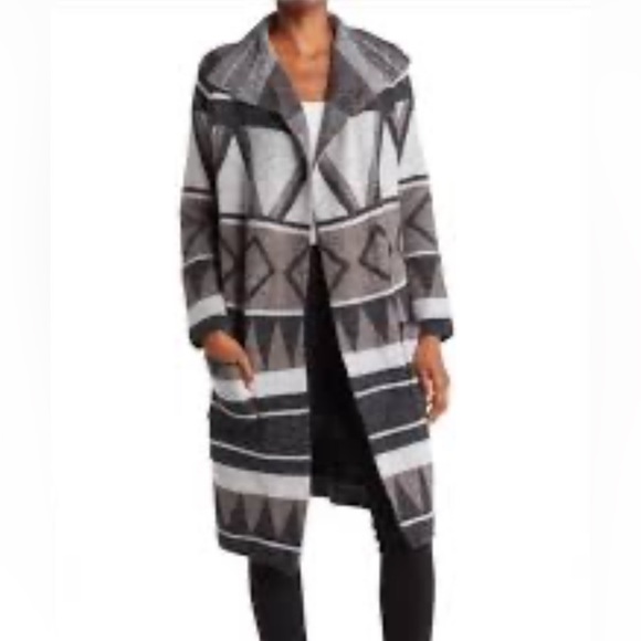 Joseph Abboud- NWOT - Drape Collar Open-Front Long Cardigan - Grey Geo Stripe - Picture 2 of 8